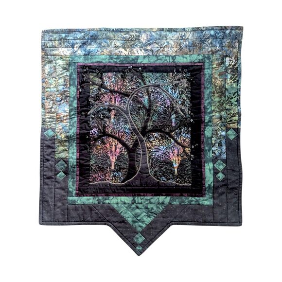 Quilted Tree of Life Wall Hanging: Beaded Fiber Art Table Topper - Picture 6 of 8